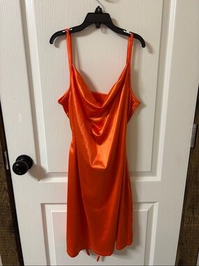 Amazon Orange Satin Cowl Neck Mini Dress